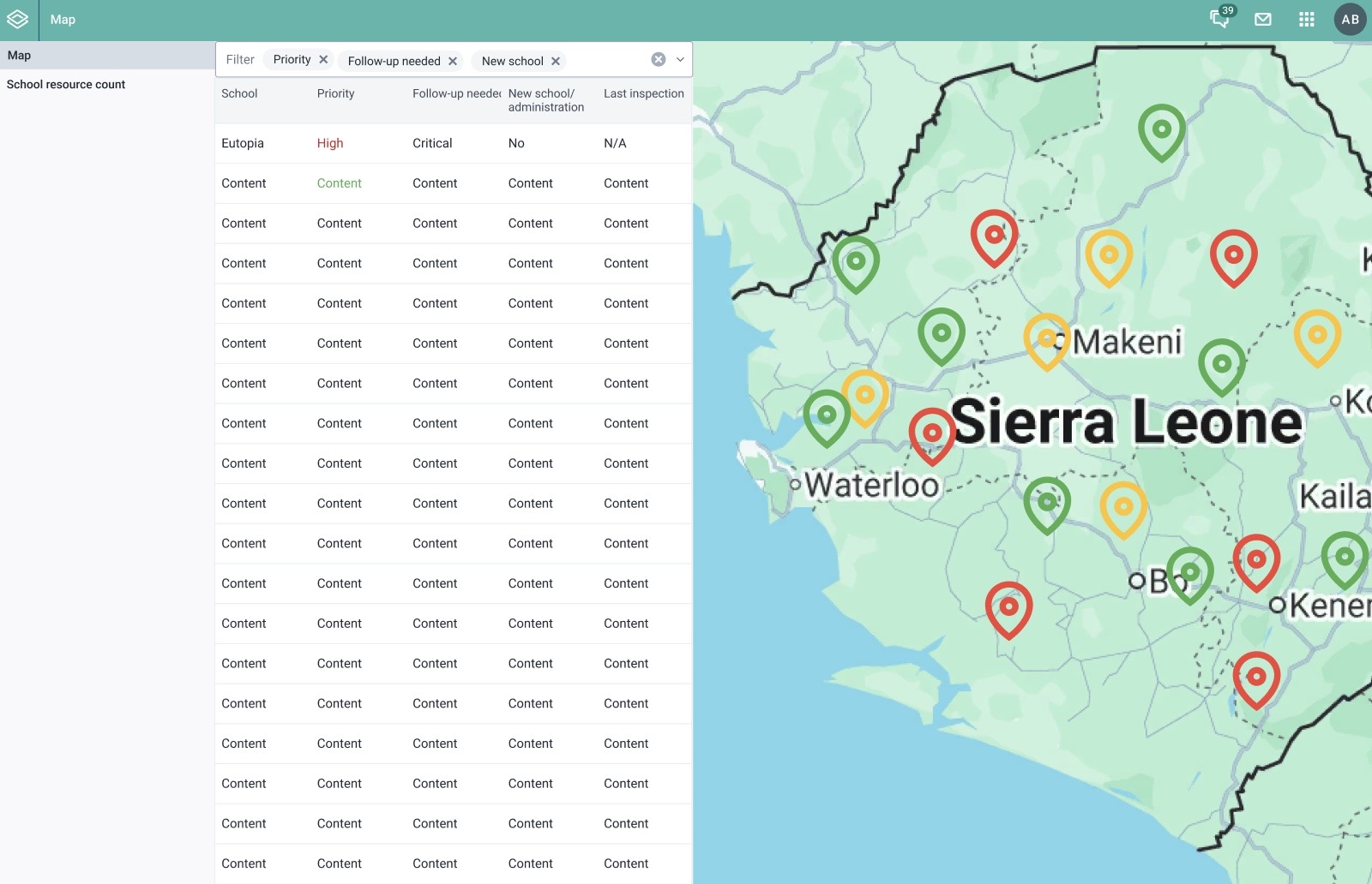 Map view of school priorities